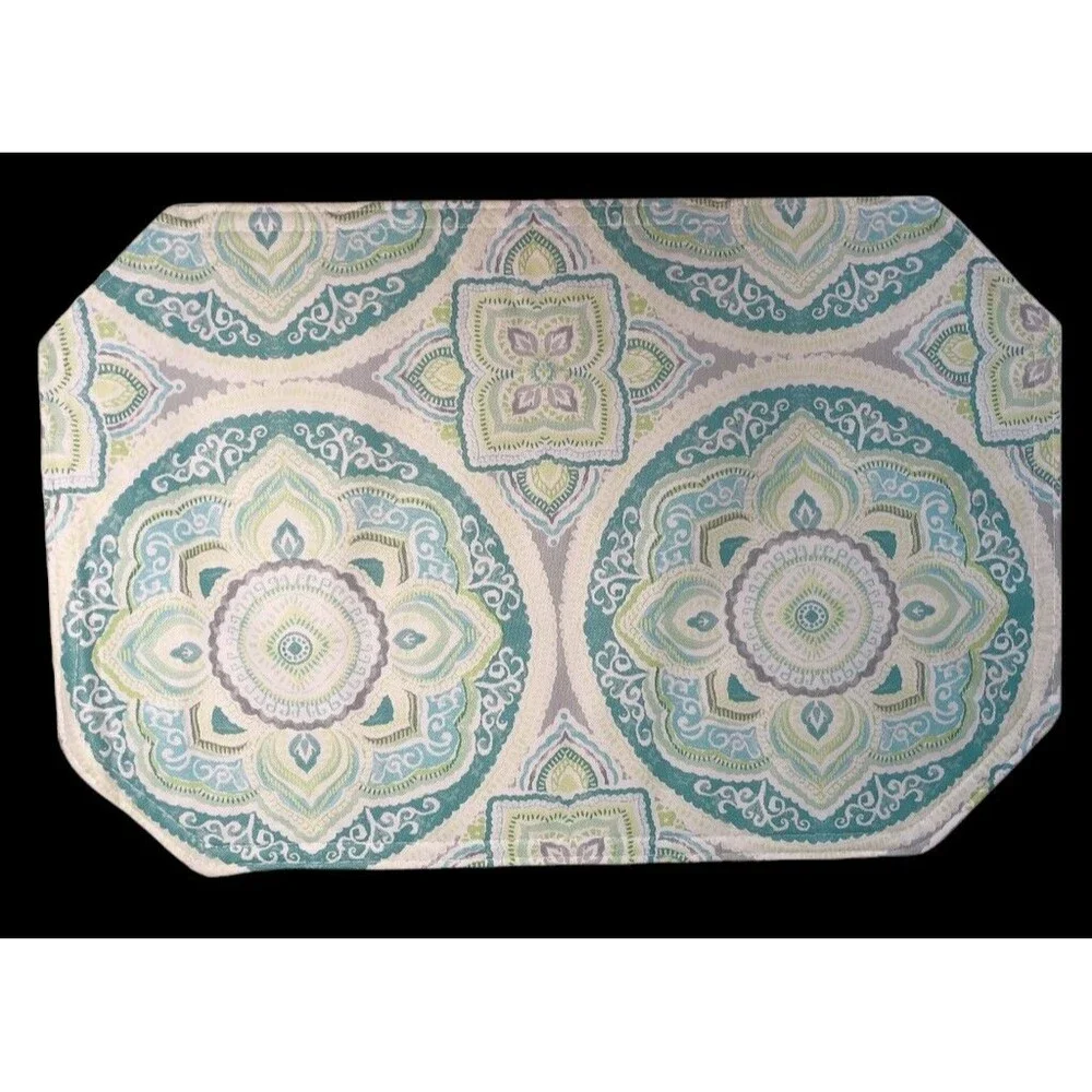 Aqua Medallion Vinyl Placemats Indoor Outdoor Summer Reversible 12x18